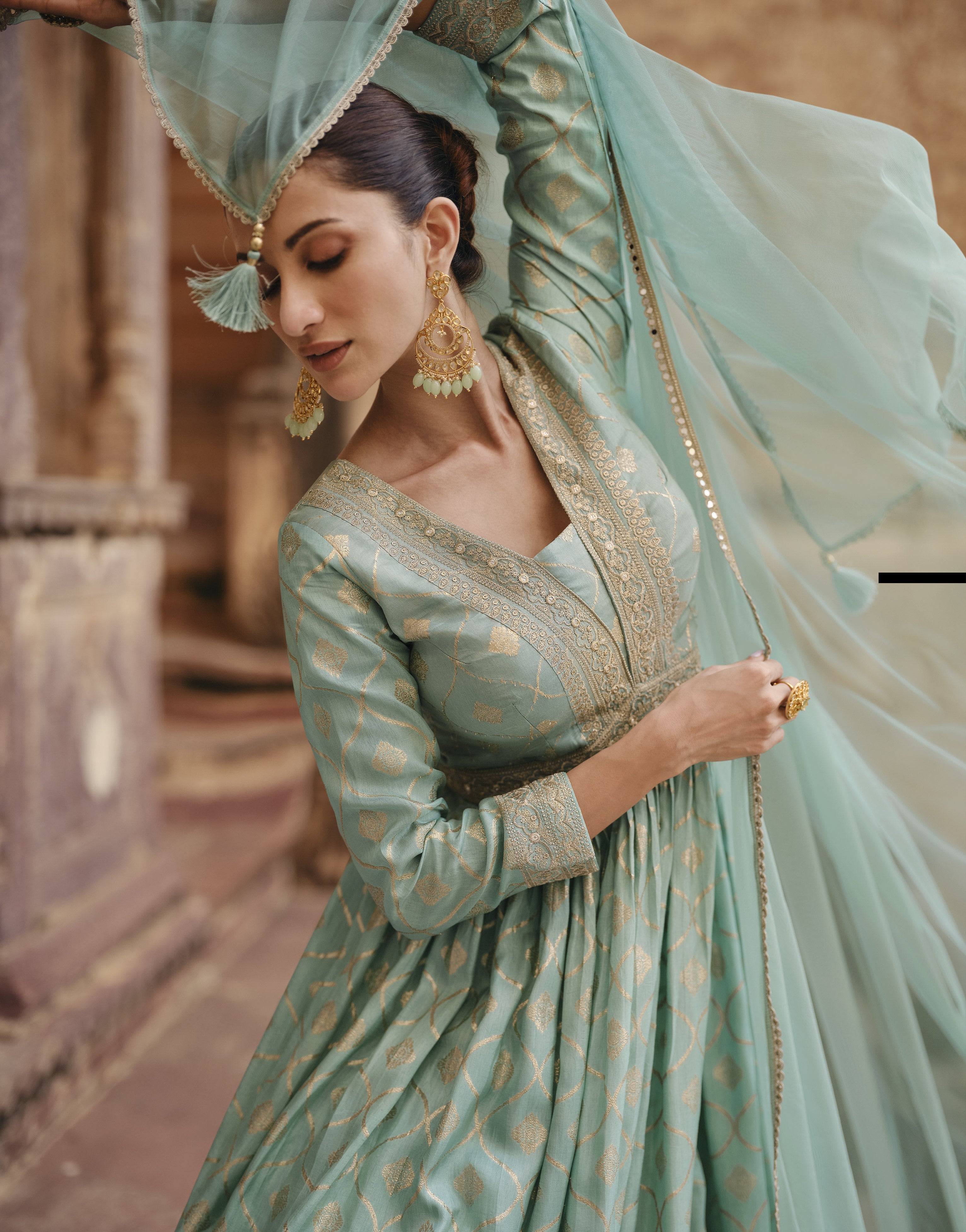 Shop Blue Embroidered Anarkali Gown Online in USA with Grey Dupatta – Pure  Elegance